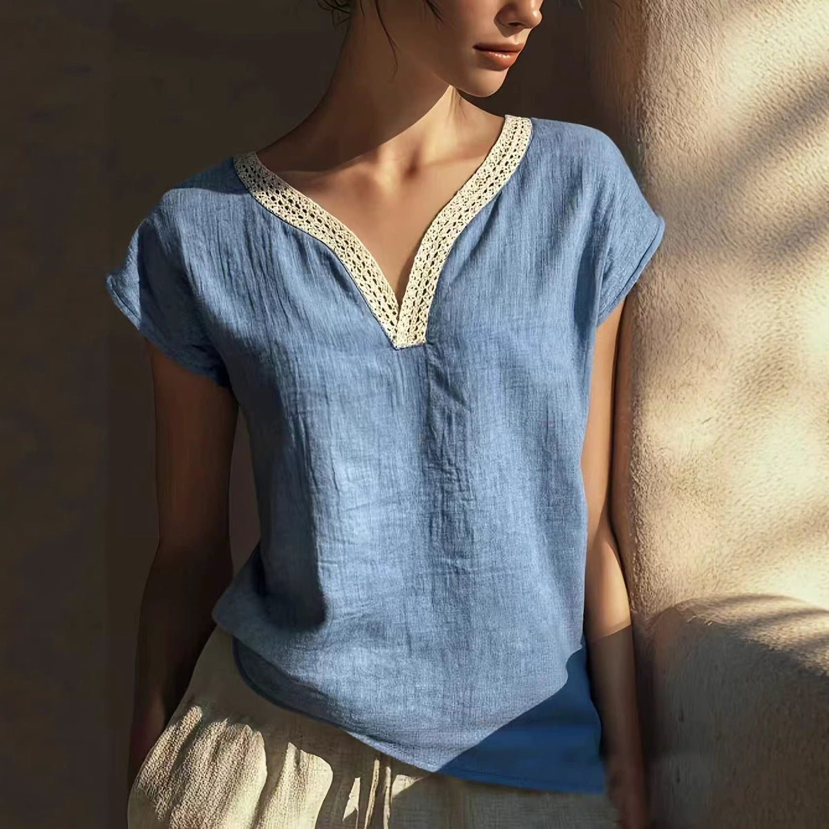 Bohemian Vintage Lace V-Neck Cotton-Linen Blouse