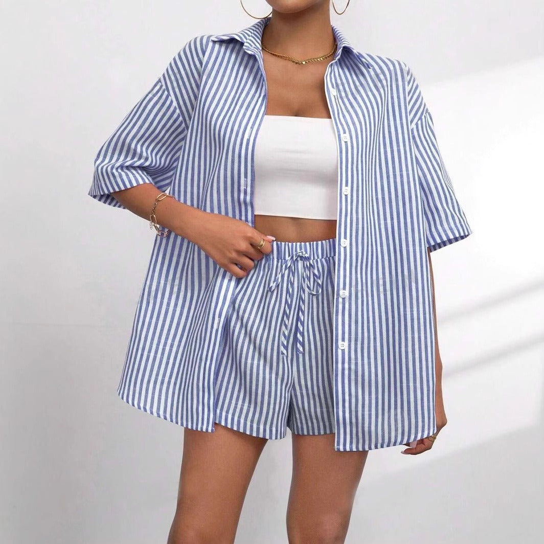 Womens Fashion Lapel-Neck Striped Short-Sleeve Shorts Set