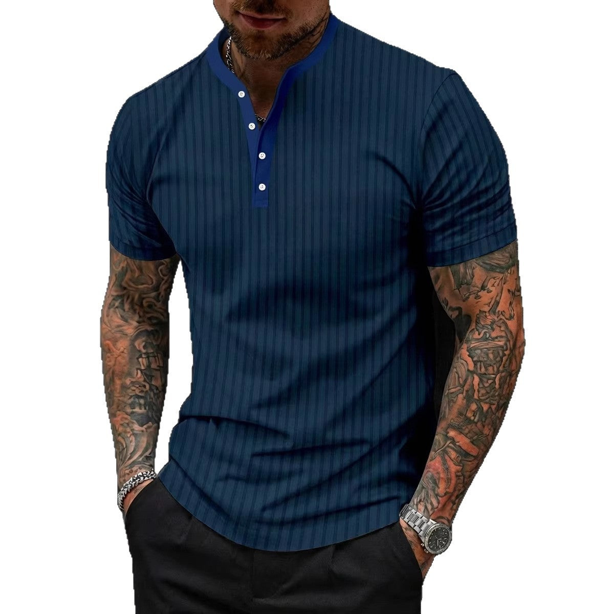 Sports-Leisure Fashion Stand-Collar Knitted Short-Sleeve Polo Shirt