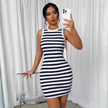 Slim Fit Striped Contrast Color Knit Dress