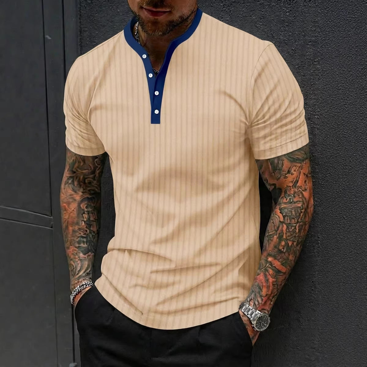 Sports-Leisure Fashion Stand-Collar Knitted Short-Sleeve Polo Shirt