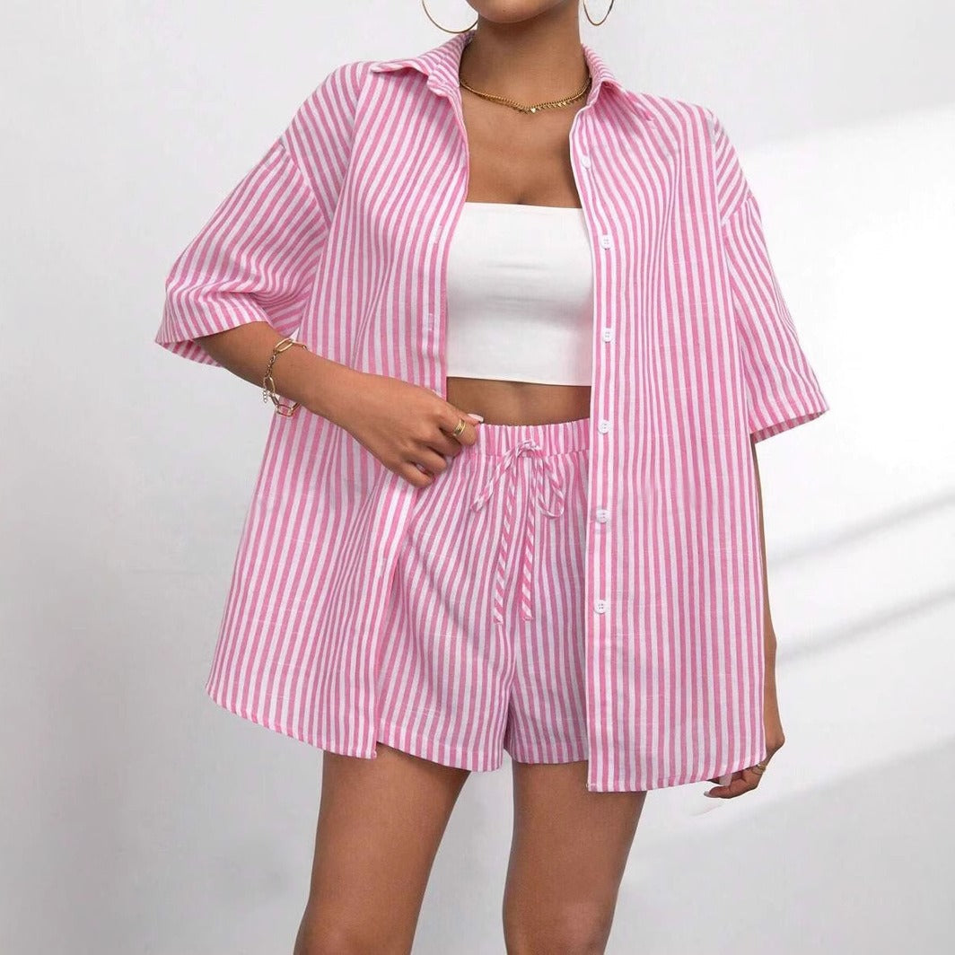Womens Fashion Lapel-Neck Striped Short-Sleeve Shorts Set