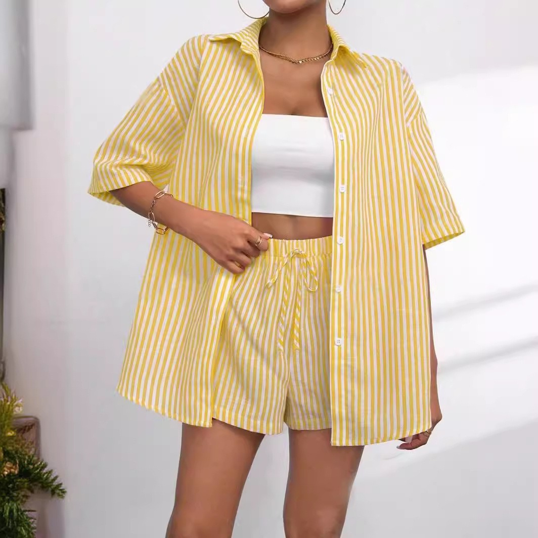 Womens Fashion Lapel-Neck Striped Short-Sleeve Shorts Set