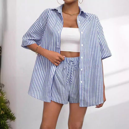 Womens Fashion Lapel-Neck Striped Short-Sleeve Shorts Set