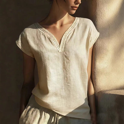 Bohemian Vintage Lace V-Neck Cotton-Linen Blouse