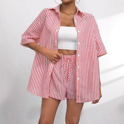Womens Fashion Lapel-Neck Striped Short-Sleeve Shorts Set