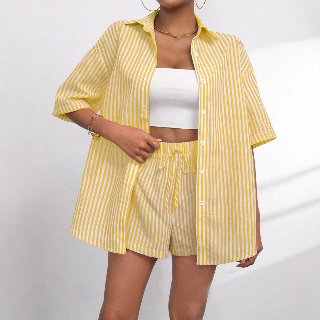 Womens Fashion Lapel-Neck Striped Short-Sleeve Shorts Set