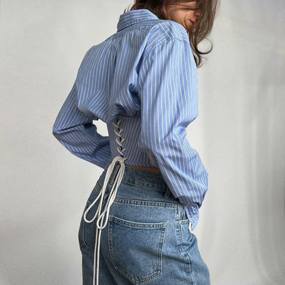 Striped Lapel Fitted Waist Short-length Long Sleeves