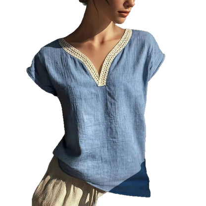 Bohemian Vintage Lace V-Neck Cotton-Linen Blouse