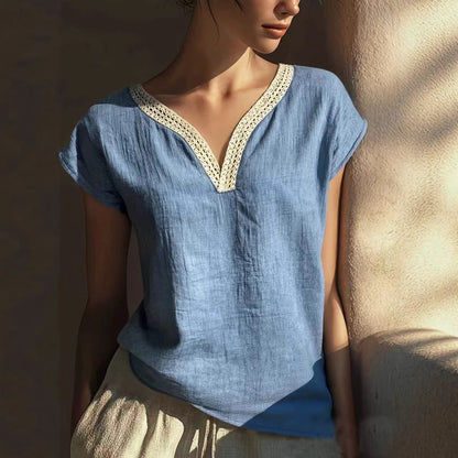 Bohemian Vintage Lace V-Neck Cotton-Linen Blouse