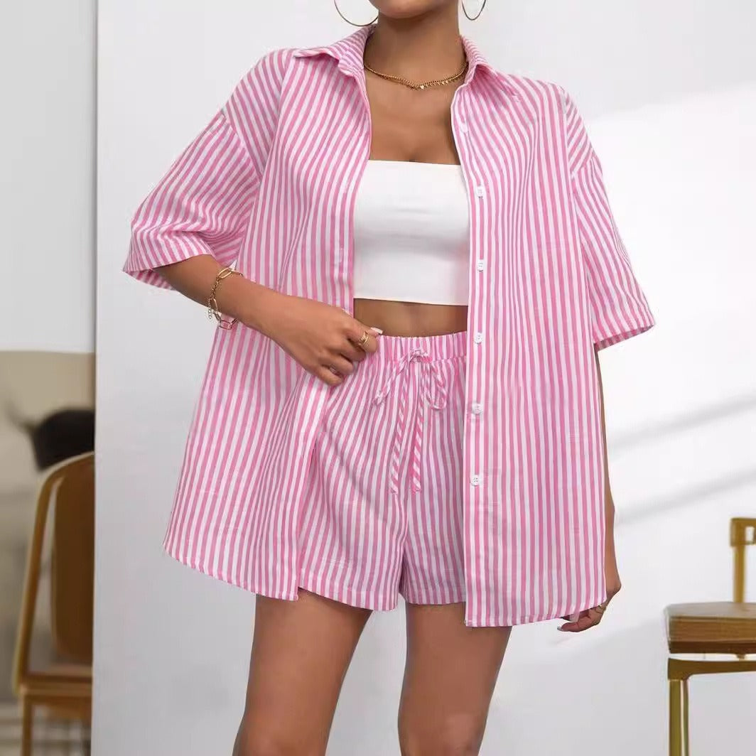 Womens Fashion Lapel-Neck Striped Short-Sleeve Shorts Set