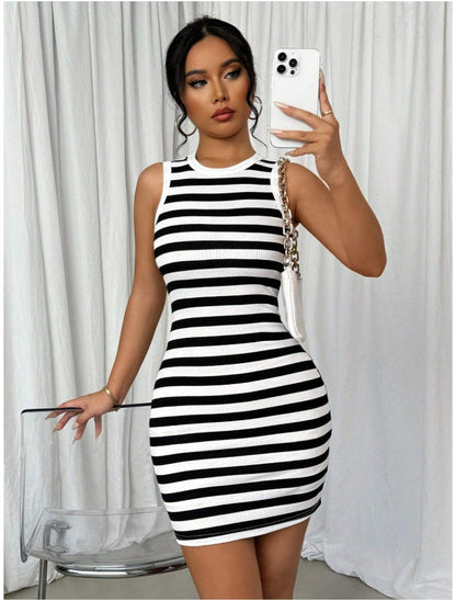Slim Fit Striped Contrast Color Knit Dress